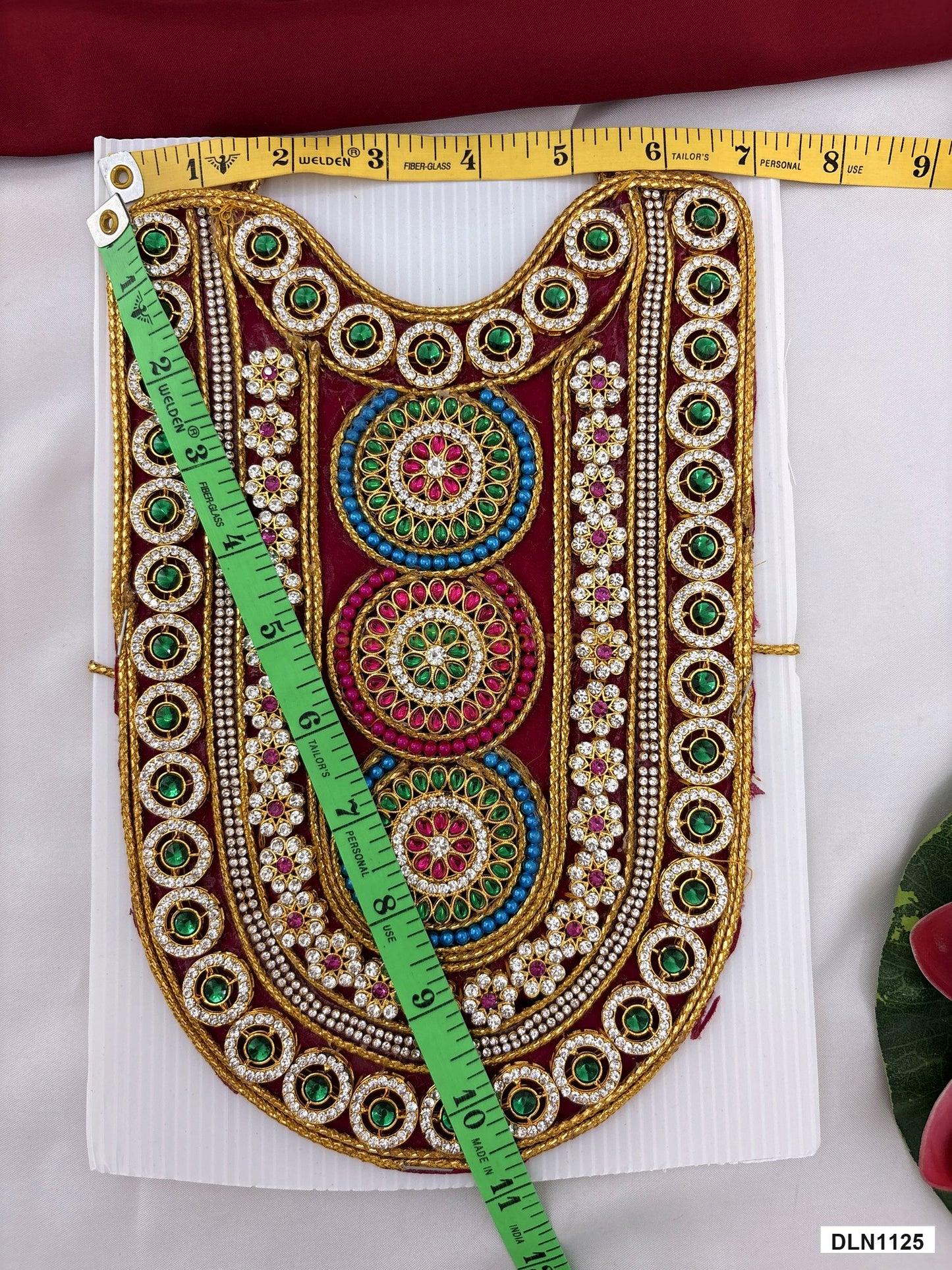 Measurement photo showing 10 x 7 Inches deity chest long haram with measuring tape for idol alankaram