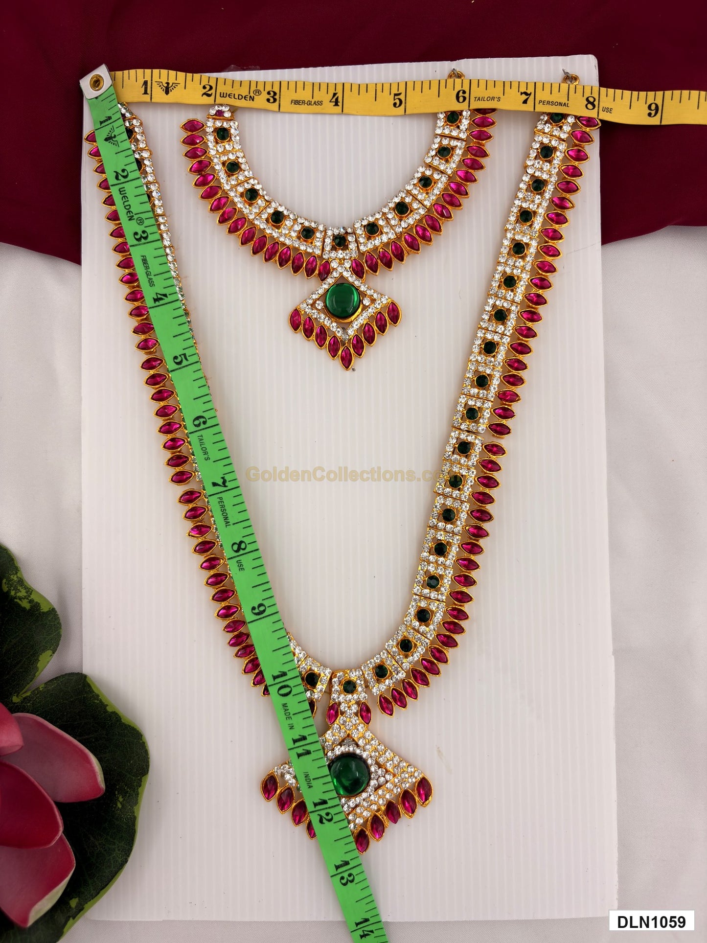 Measurement photo showing 12 x 7 Inches deity long haram with measuring tape for idol alankaram