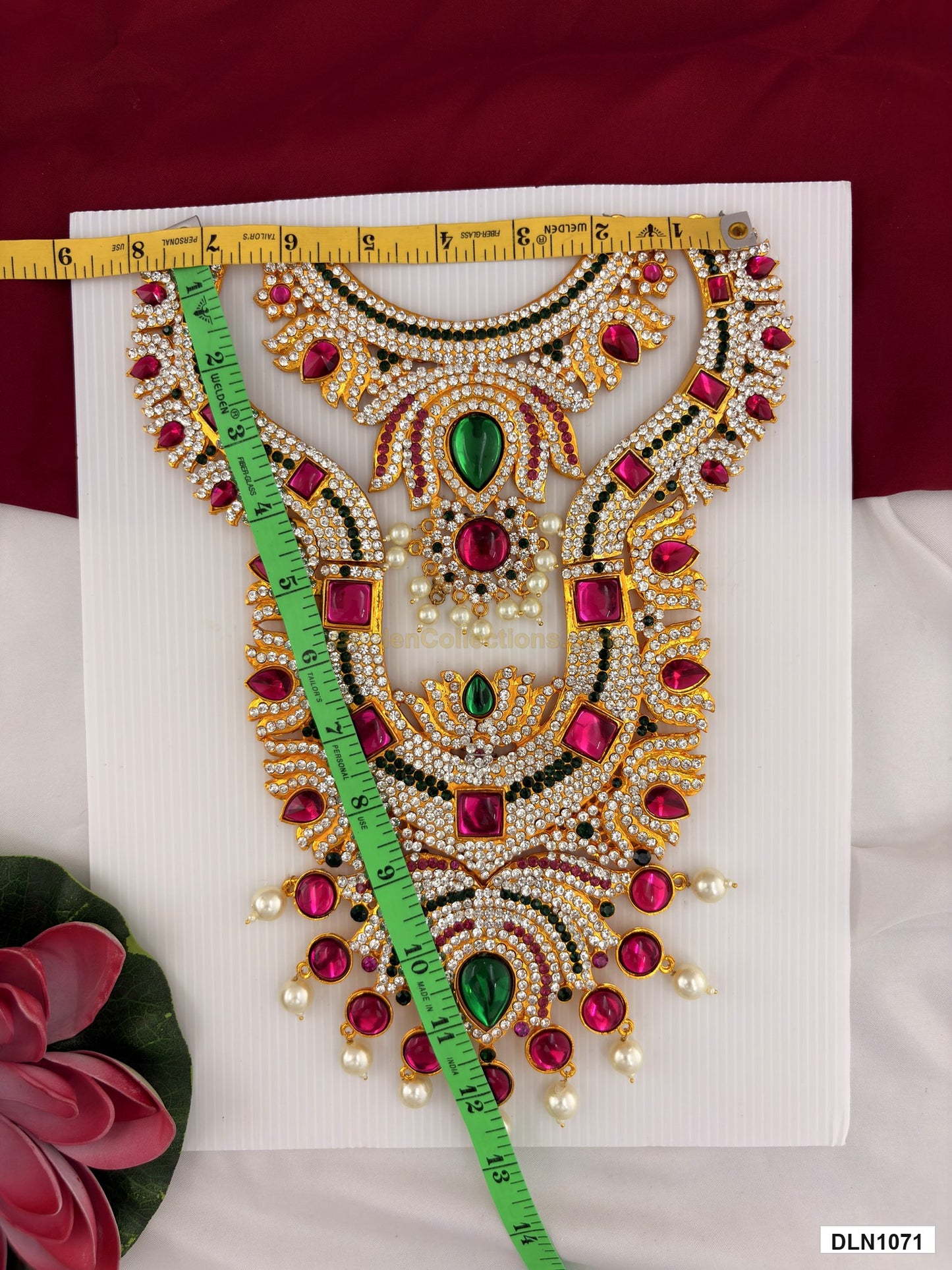 Measurement photo showing 13 x 7 Inches deity long haram with measuring tape for idol alankaram