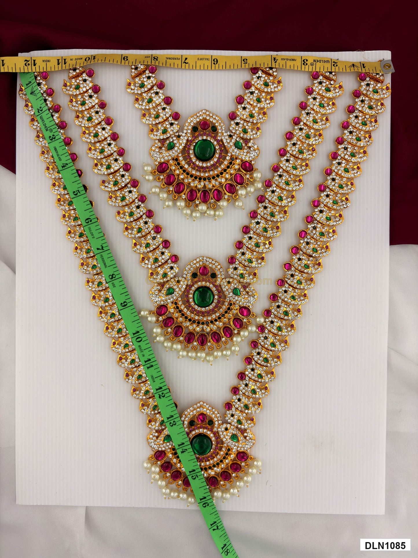 Measurement photo showing 16 x 12 Inches deity long haram with measuring tape for idol alankaram