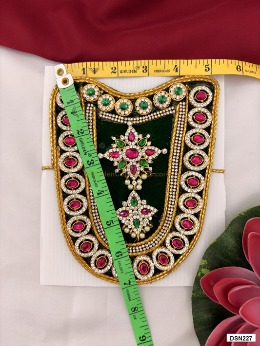 Measurement photo showing 7 x 5 Inches deity short haram with measuring tape for idol alankaram
