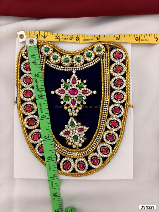 Measurement photo showing 7 x 5 Inches deity short haram with measuring tape for idol alankaram