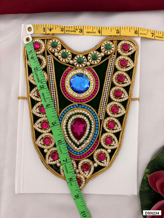 Measurement photo showing 9 x 6 Inches deity short haram with measuring tape for idol alankaram