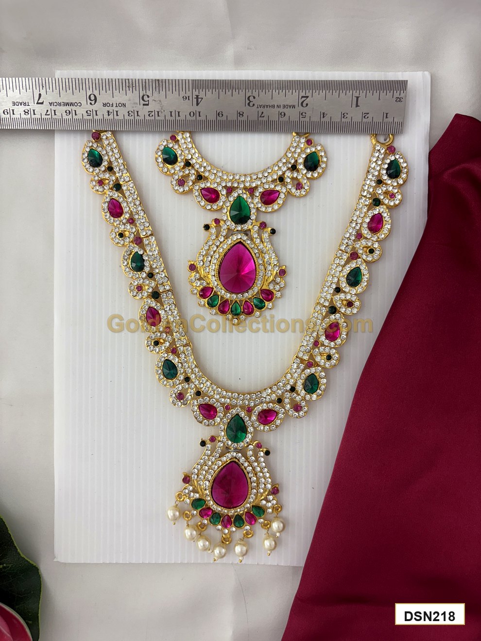 Deity Short Haram / Short Necklace with Pink Green Stones DSN218 deity short haram measurement photo showing ruler size reference