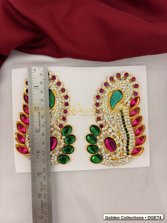 Close-up detail of Large Karna Pathakam Deity Earrings Green Pink Stones 4.5 x 2.75 inches DGE74 from Golden Collections