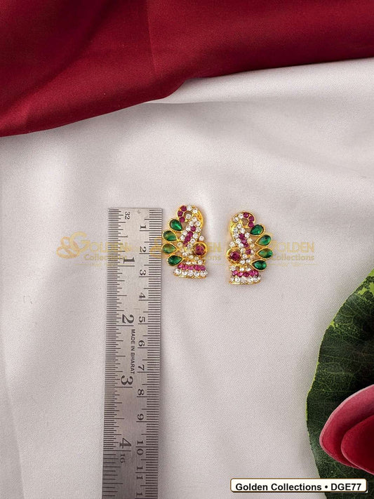 Close-up detail of Tiny Deity Earrings with Green Stones 1 x 0.75 inches DGE77 from Golden Collections