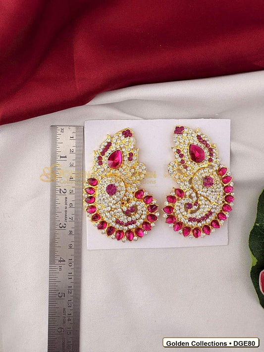 Close-up detail of Ornate Karna Pathakam Deity Earrings Pink Green Stones 3.25 x 2 inches DGE80 from Golden Collections