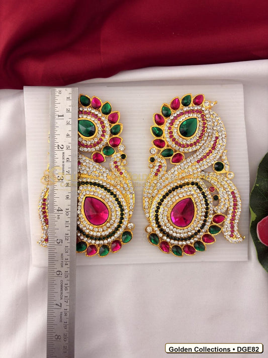 Close-up detail of Large Teardrop Deity Earrings Pink Green Stones 5.5 x 3 inches DGE82 from Golden Collections