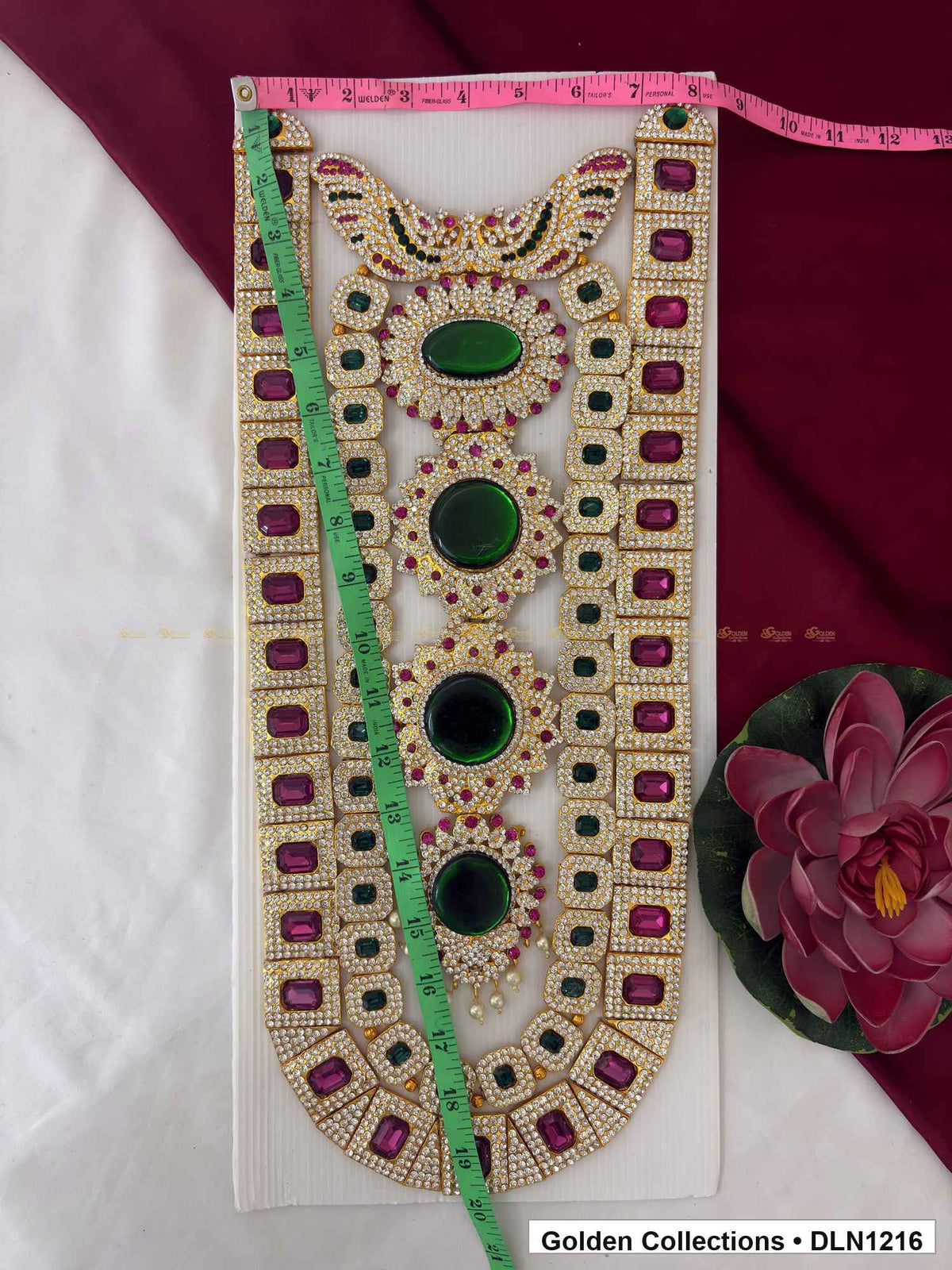 Alternate product view of Purple Border Green Oval Cascade Deity Long Necklace for Idol Alankaram for deity idol alankaram