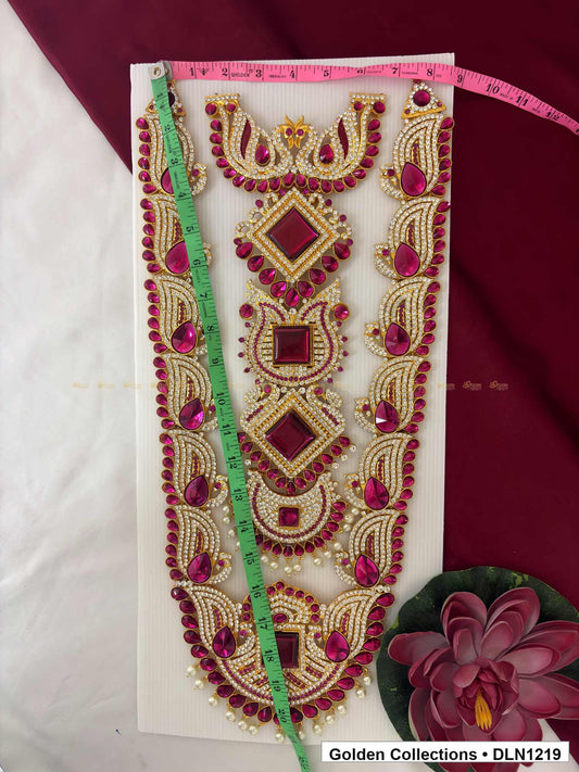 Alternate product view of Pink Stacked Diamond Panel Deity Long Necklace for Idol Alankaram for deity idol alankaram