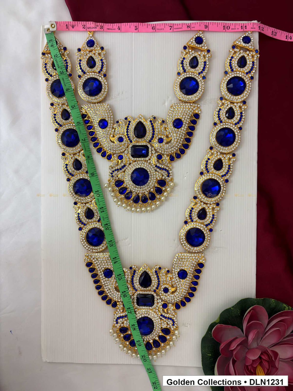 Alternate product view of Blue Oval Cluster Layered Medallion Deity Long Necklace for Idol Alankaram for deity idol alankaram