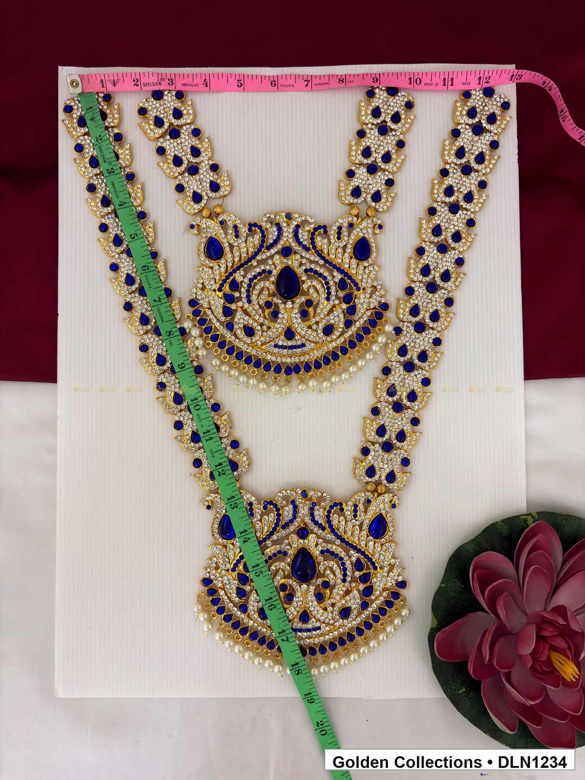 Alternate product view of Blue Teardrop and Oval Medallion Deity Long Necklace for Idol Alankaram for deity idol alankaram