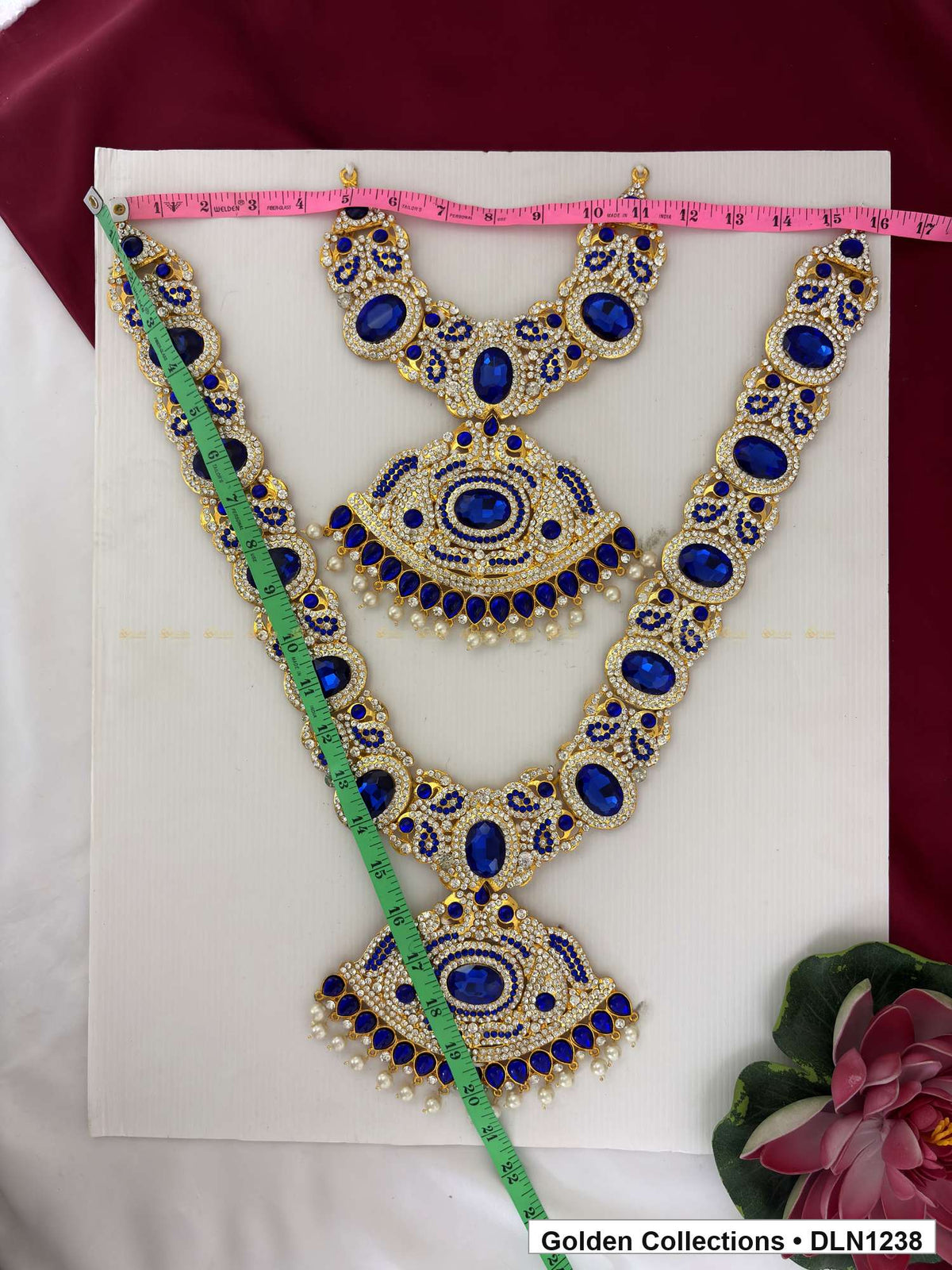 Alternate product view of Blue Oval Link with Triple Fan Pendants Deity Long Necklace for Idol Alankaram for deity idol alankaram