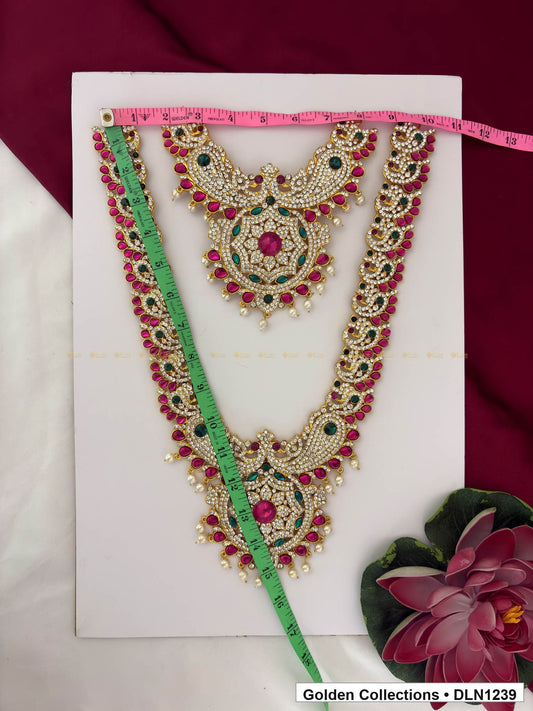 Alternate product view of Pink Green Leaf Medallion Deity Long Necklace for Idol Alankaram for deity idol alankaram