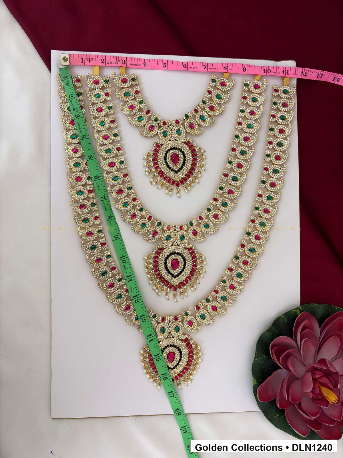 Alternate product view of Green Triple-Tier Teardrop Medallion Deity Long Necklace for Idol Alankaram for deity idol alankaram