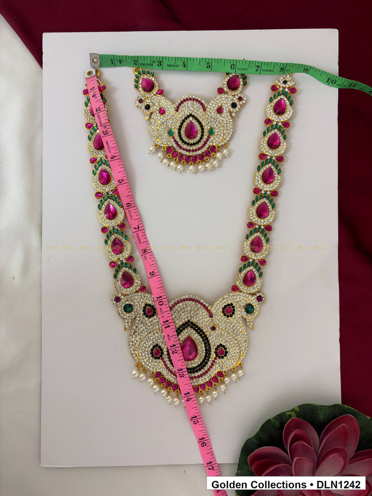 Alternate product view of Green Magenta Oval Link Fan Deity Long Necklace for Idol Alankaram for deity idol alankaram