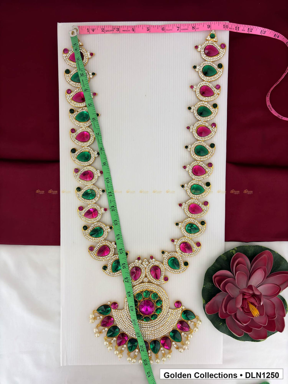 Alternate product view of Pink Green Radial Round Pendant Deity Long Necklace for Idol Alankaram for deity idol alankaram