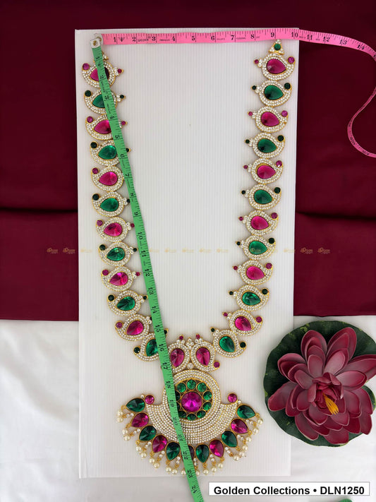 Alternate product view of Pink Green Radial Round Pendant Deity Long Necklace for Idol Alankaram for deity idol alankaram