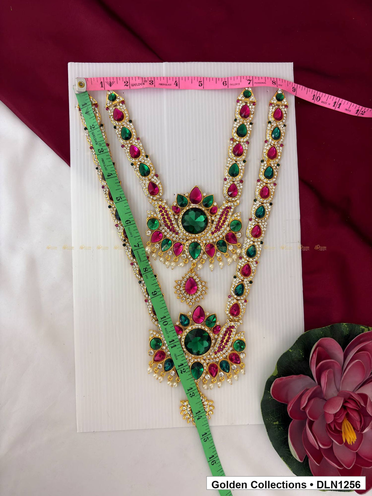 Alternate product view of Green Round-Accent Layered Curve Deity Long Necklace for Idol Alankaram for deity idol alankaram