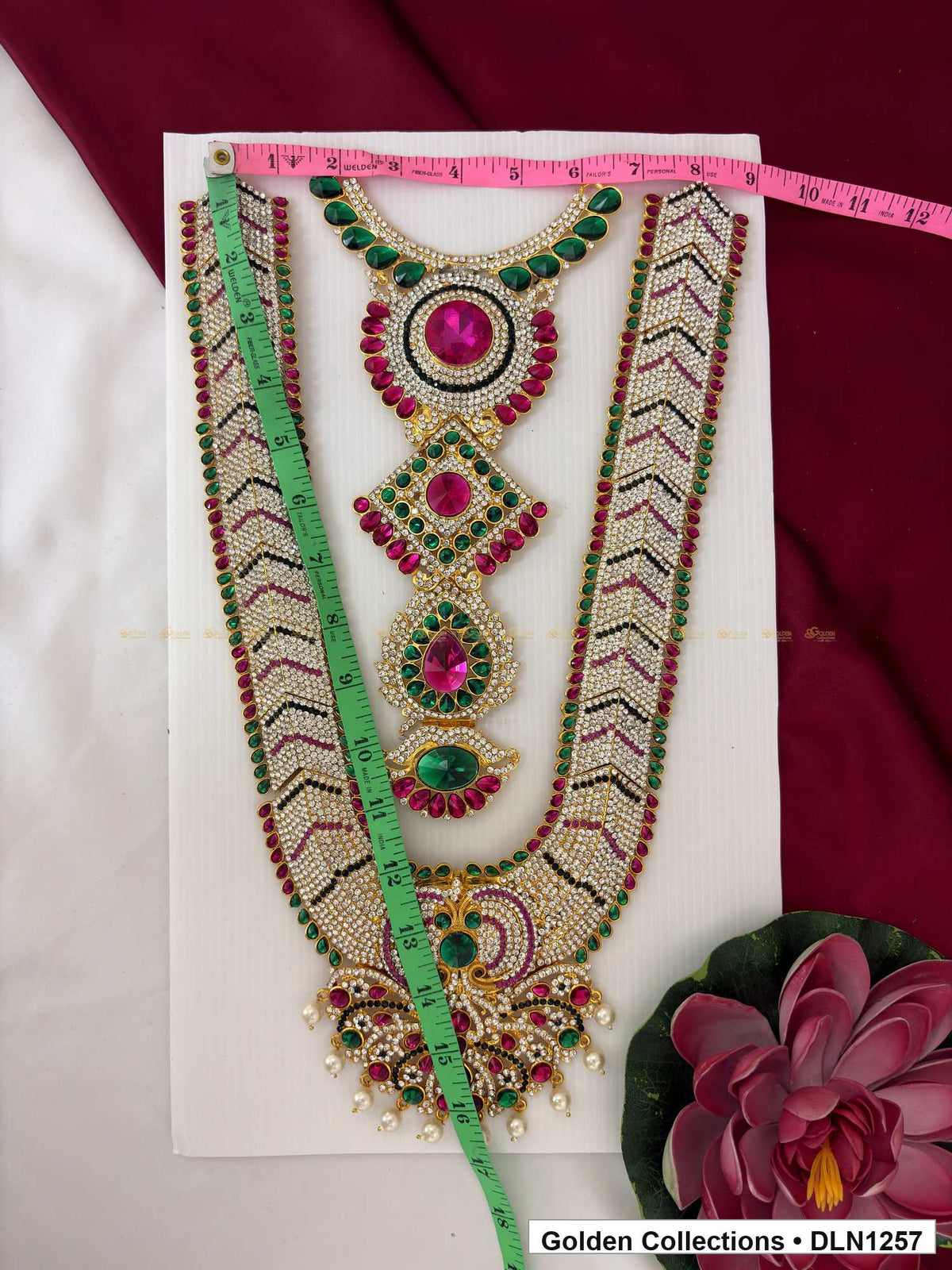Alternate product view of Red Green Chevron-Border Drop Cascade Deity Long Necklace for Idol Alankaram for deity idol alankaram