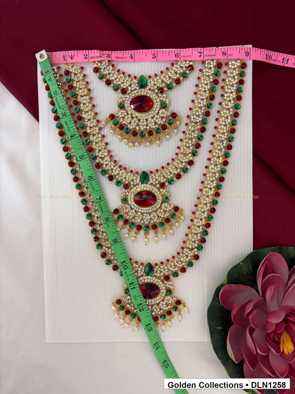 Alternate product view of Red Green Triple Scallop Medallion Deity Long Necklace for Idol Alankaram for deity idol alankaram