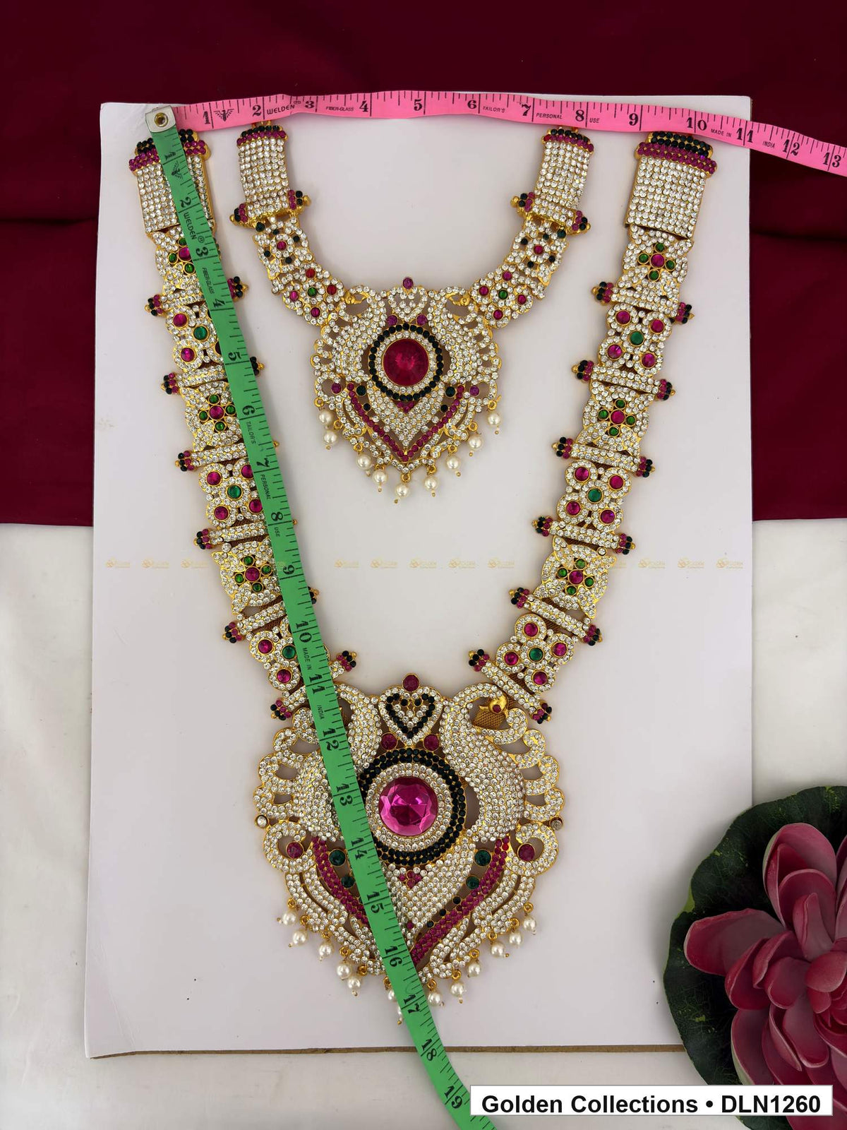 Alternate product view of Red Green Rectangular-Link Layered Shield Deity Long Necklace for Idol Alankaram for deity idol alankaram