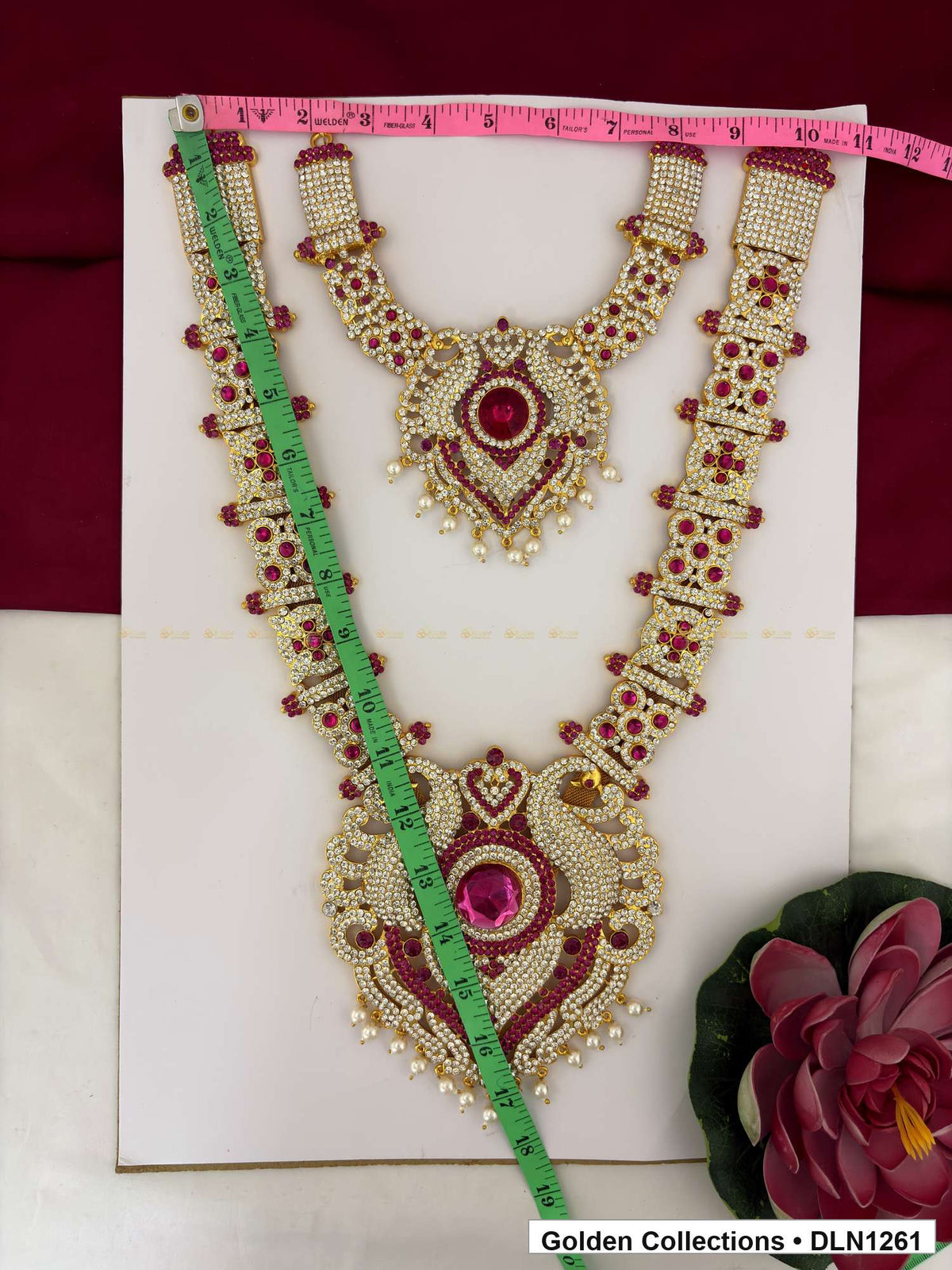 Alternate product view of Red Green Twin Shield Pendant Deity Long Necklace for Idol Alankaram for deity idol alankaram