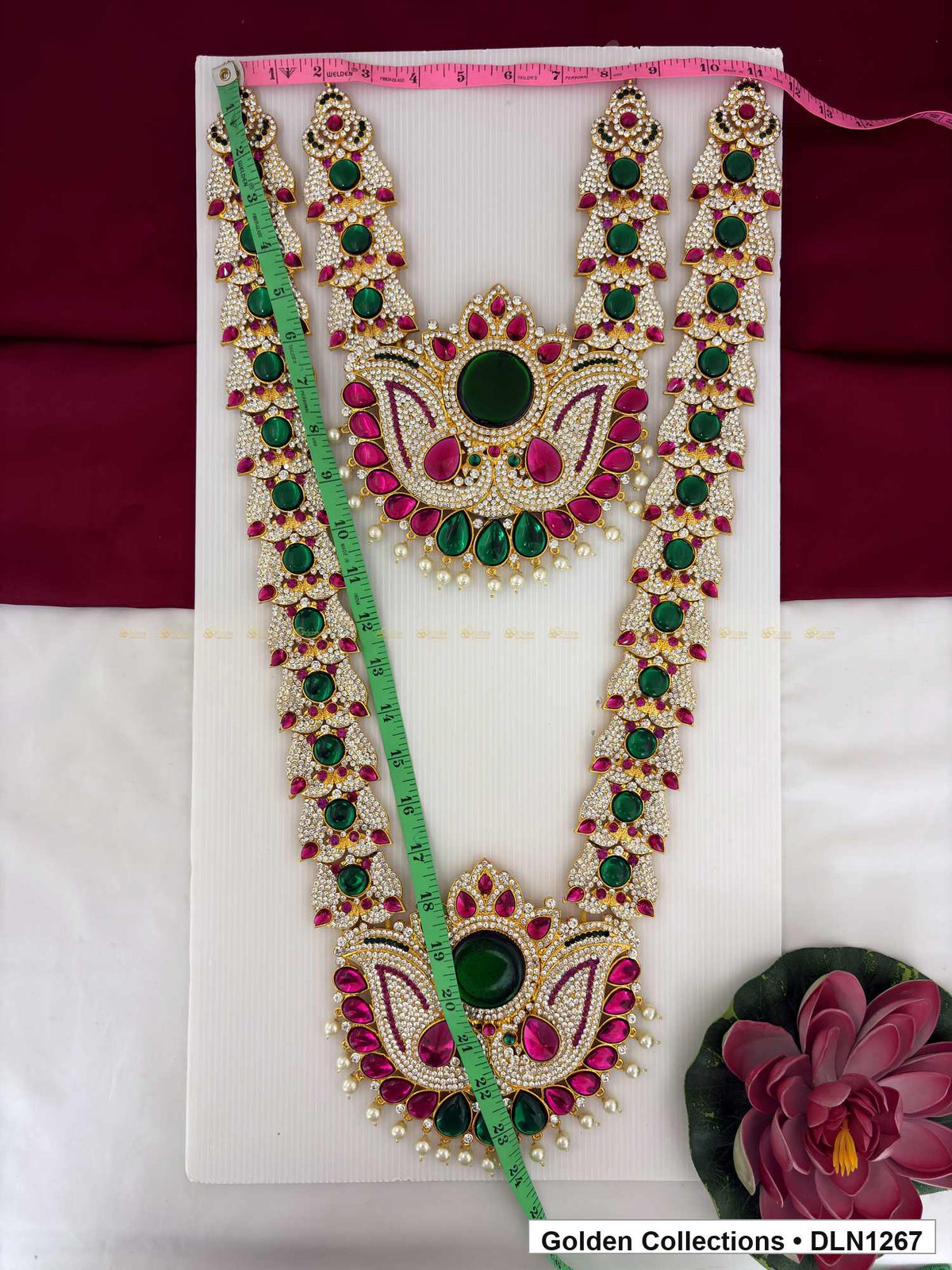 Alternate product view of Green Oval Twin Curling-Medallion Deity Long Necklace for Idol Alankaram for deity idol alankaram