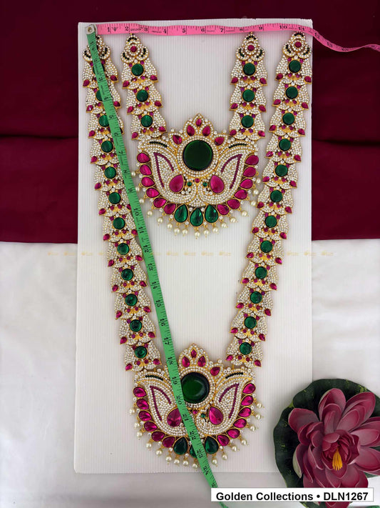 Alternate product view of Green Oval Twin Curling-Medallion Deity Long Necklace for Idol Alankaram for deity idol alankaram
