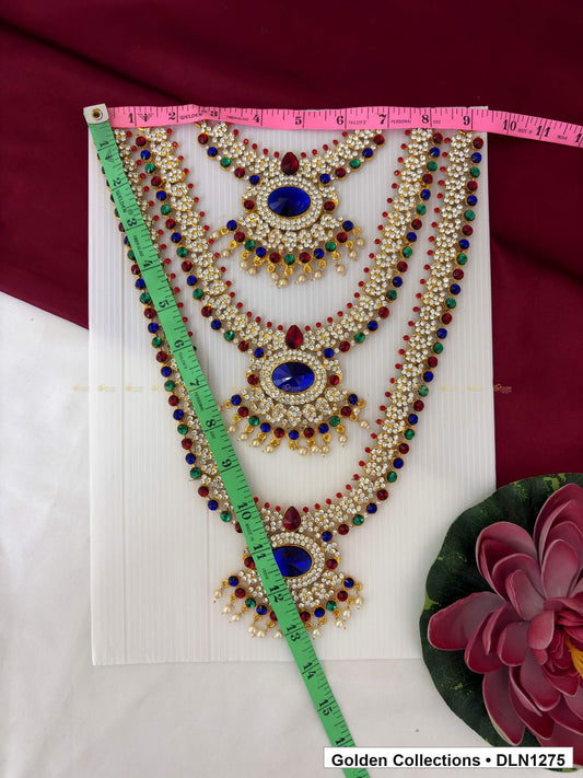 Alternate product view of Blue Oval Triple-Medallion Layered Deity Long Necklace for Idol Alankaram for deity idol alankaram