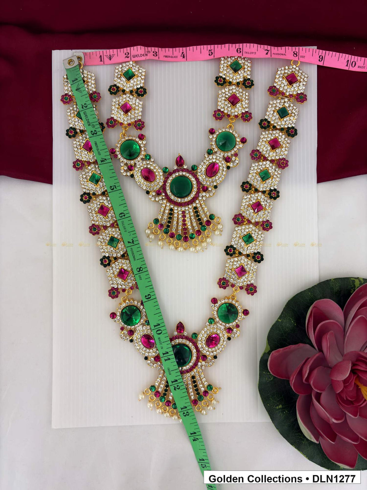 Alternate product view of Pink Green Layered Floral Medallion Deity Long Necklace for Idol Alankaram for deity idol alankaram