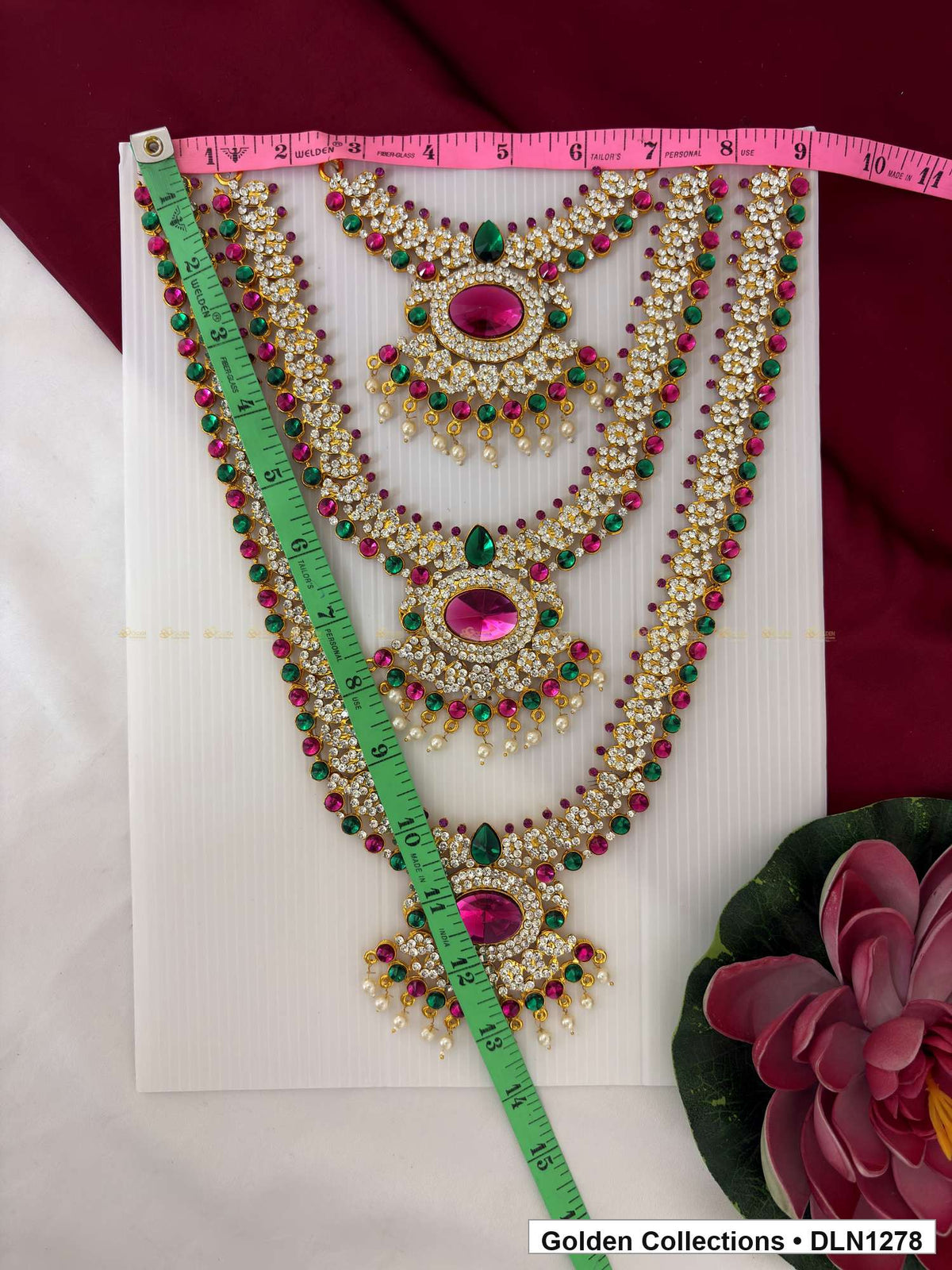 Alternate product view of Pink Green Three-Tier Oval Medallion Deity Long Necklace for Idol Alankaram for deity idol alankaram