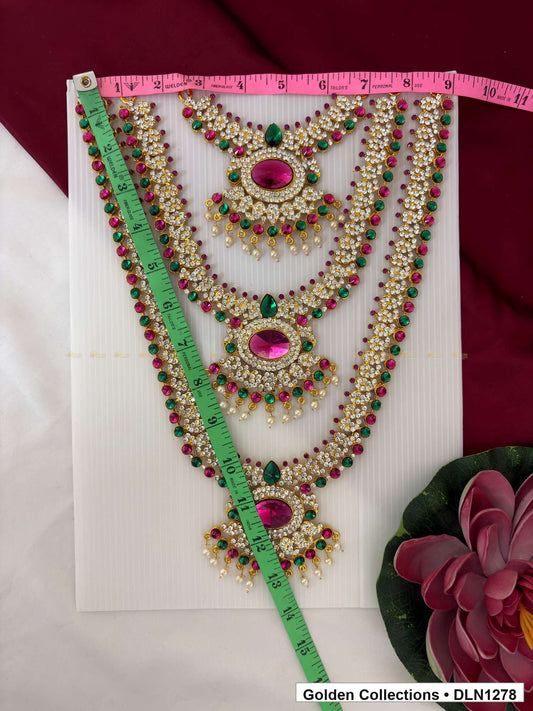 Alternate product view of Pink Green Three-Tier Oval Medallion Deity Long Necklace for Idol Alankaram for deity idol alankaram