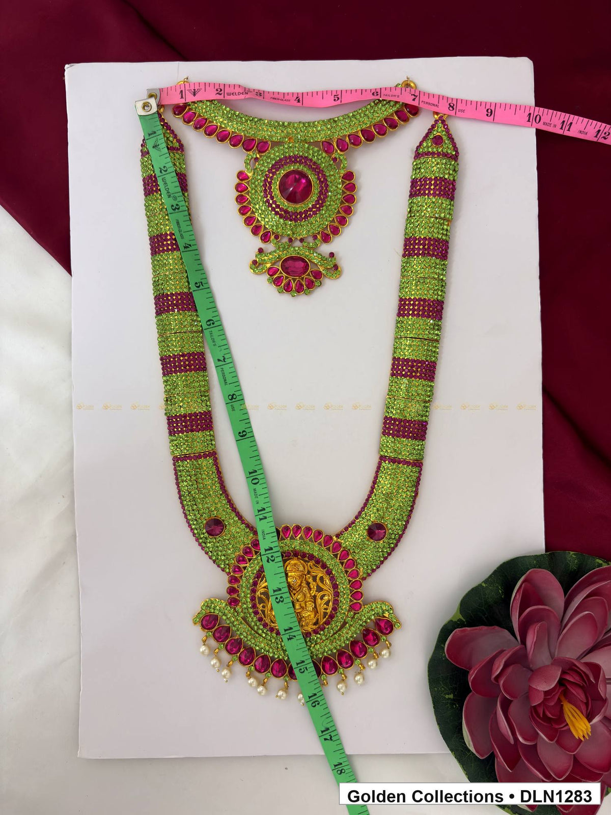 Alternate product view of Green Red Banded Fan Medallion Deity Long Necklace for Idol Alankaram for deity idol alankaram