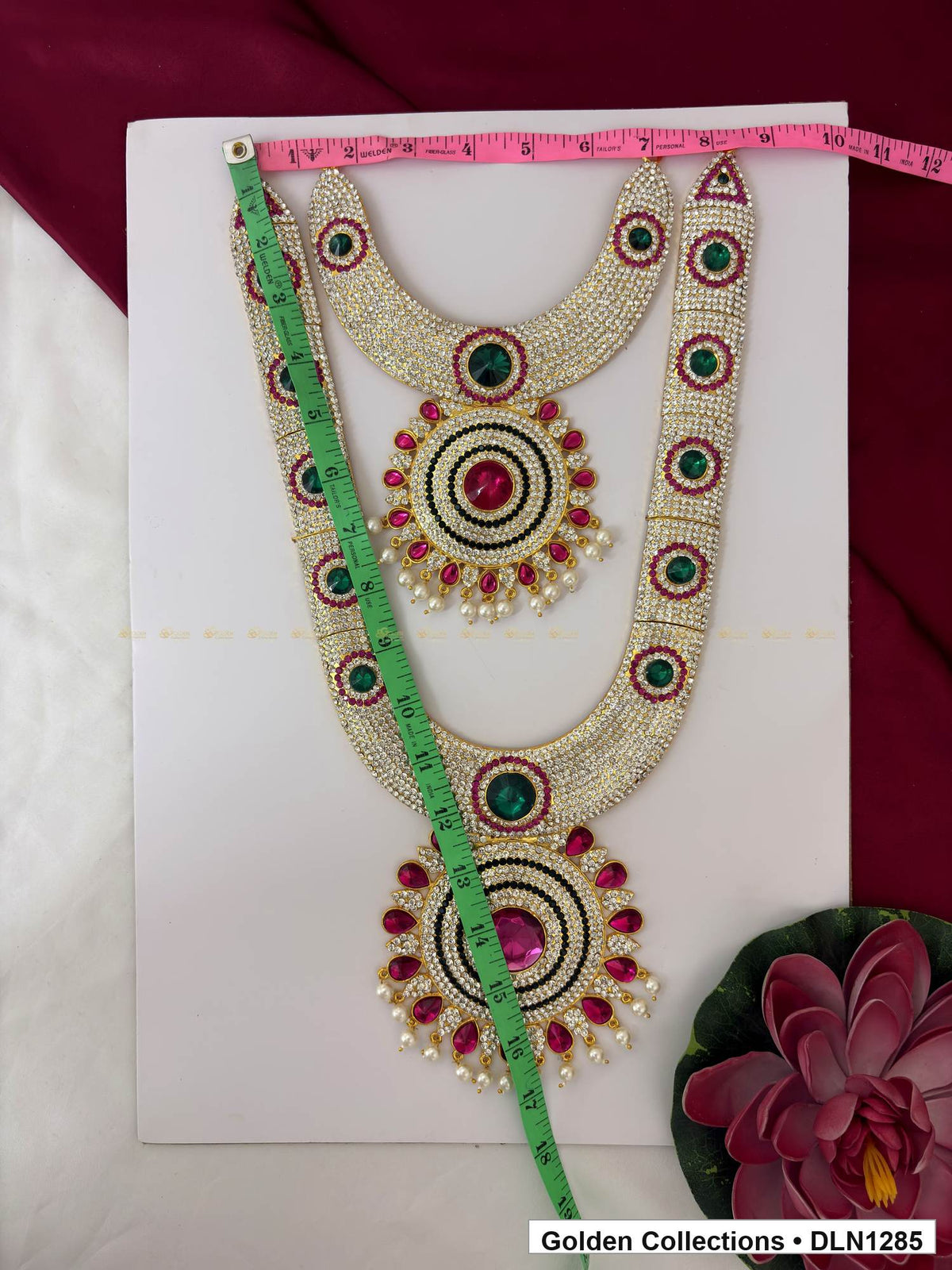 Alternate product view of Green Oval-Link Floral Medallion Deity Long Necklace for Idol Alankaram for deity idol alankaram