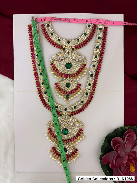 Alternate product view of Red Green Graduated Fan Deity Long Necklace for Idol Alankaram for deity idol alankaram