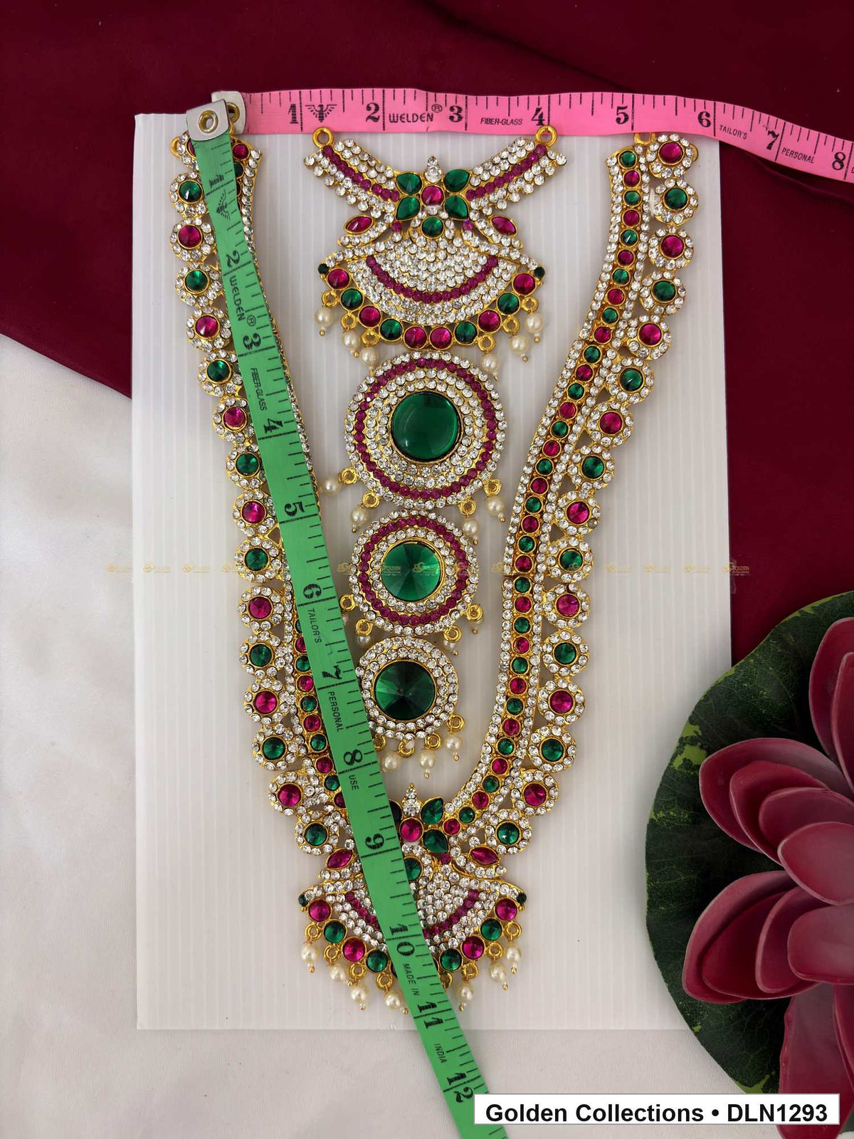 Alternate product view of Red Green Triple Round Medallion Deity Long Necklace for Idol Alankaram for deity idol alankaram