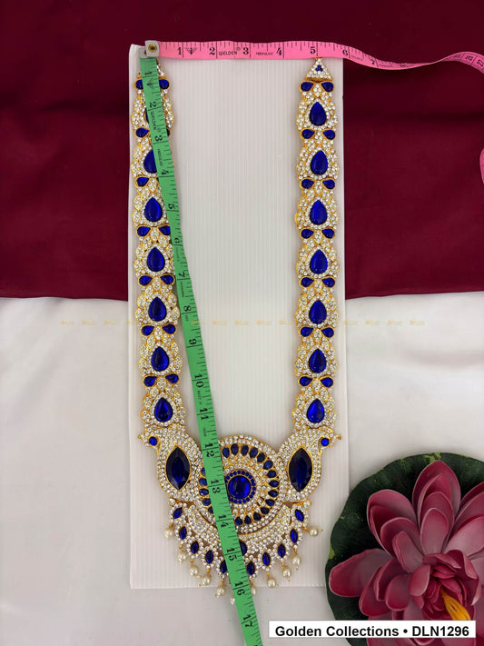 Alternate product view of Blue Teardrop Link Round Pendant Deity Long Necklace for Idol Alankaram for deity idol alankaram