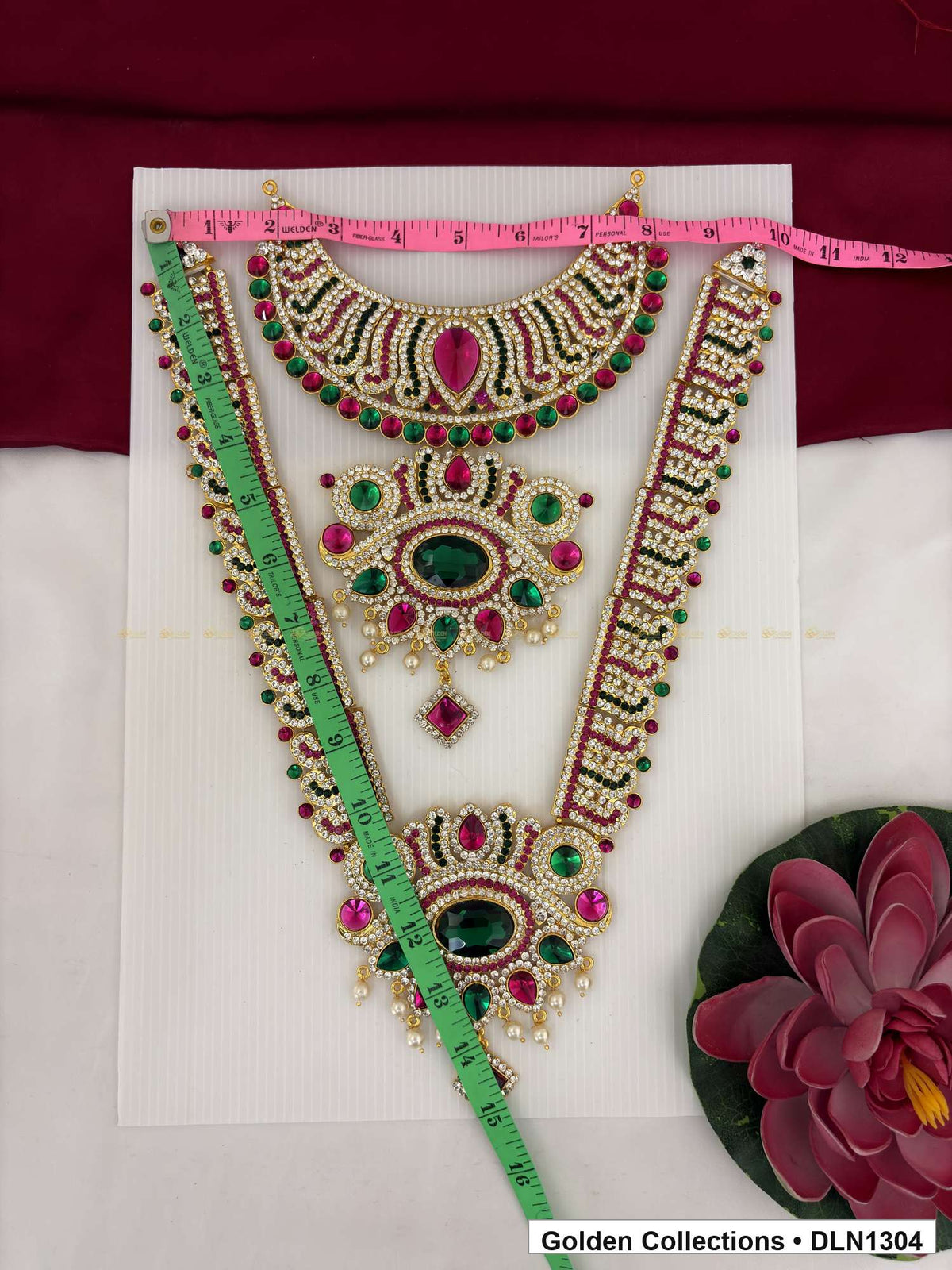 Alternate product view of Red Green Crescent and Double Oval Deity Long Necklace for Idol Alankaram for deity idol alankaram