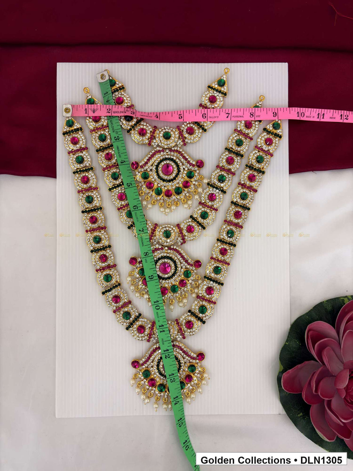 Alternate product view of Red Green Triple Rosette Tier Deity Long Necklace for Idol Alankaram for deity idol alankaram