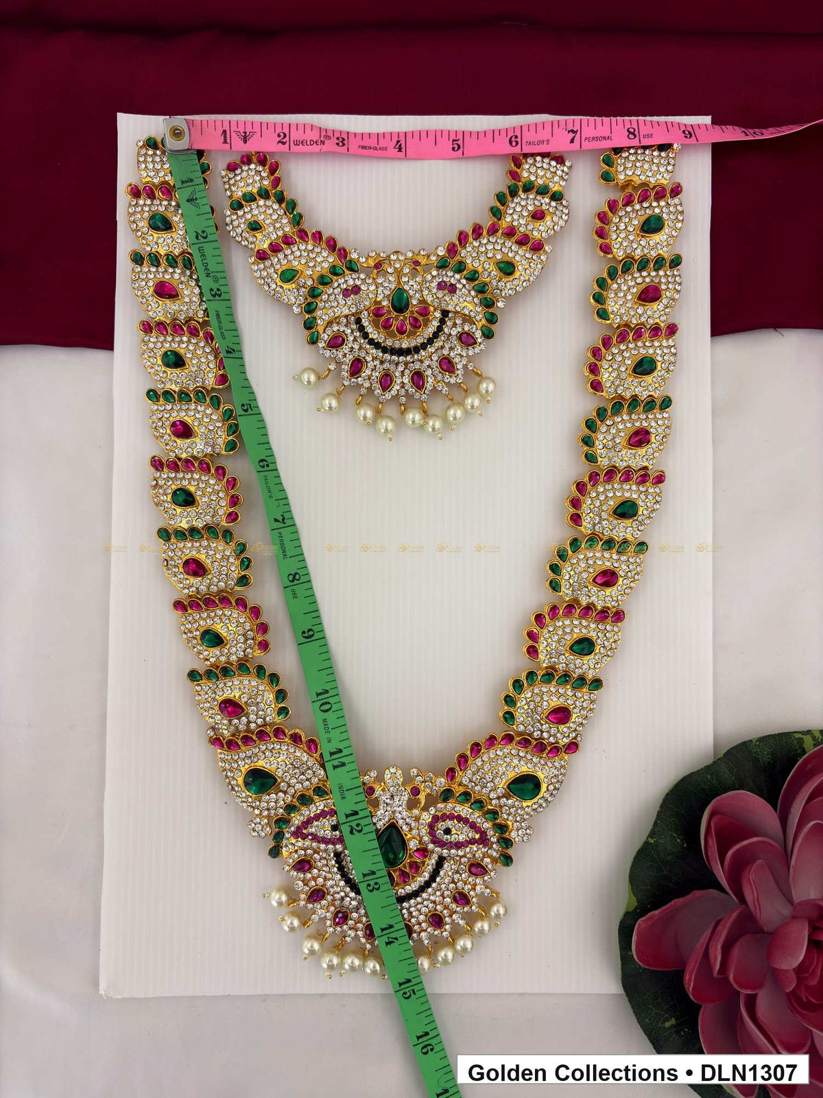 Alternate product view of Red Green Circular Fan Motif Deity Long Necklace for Idol Alankaram for deity idol alankaram