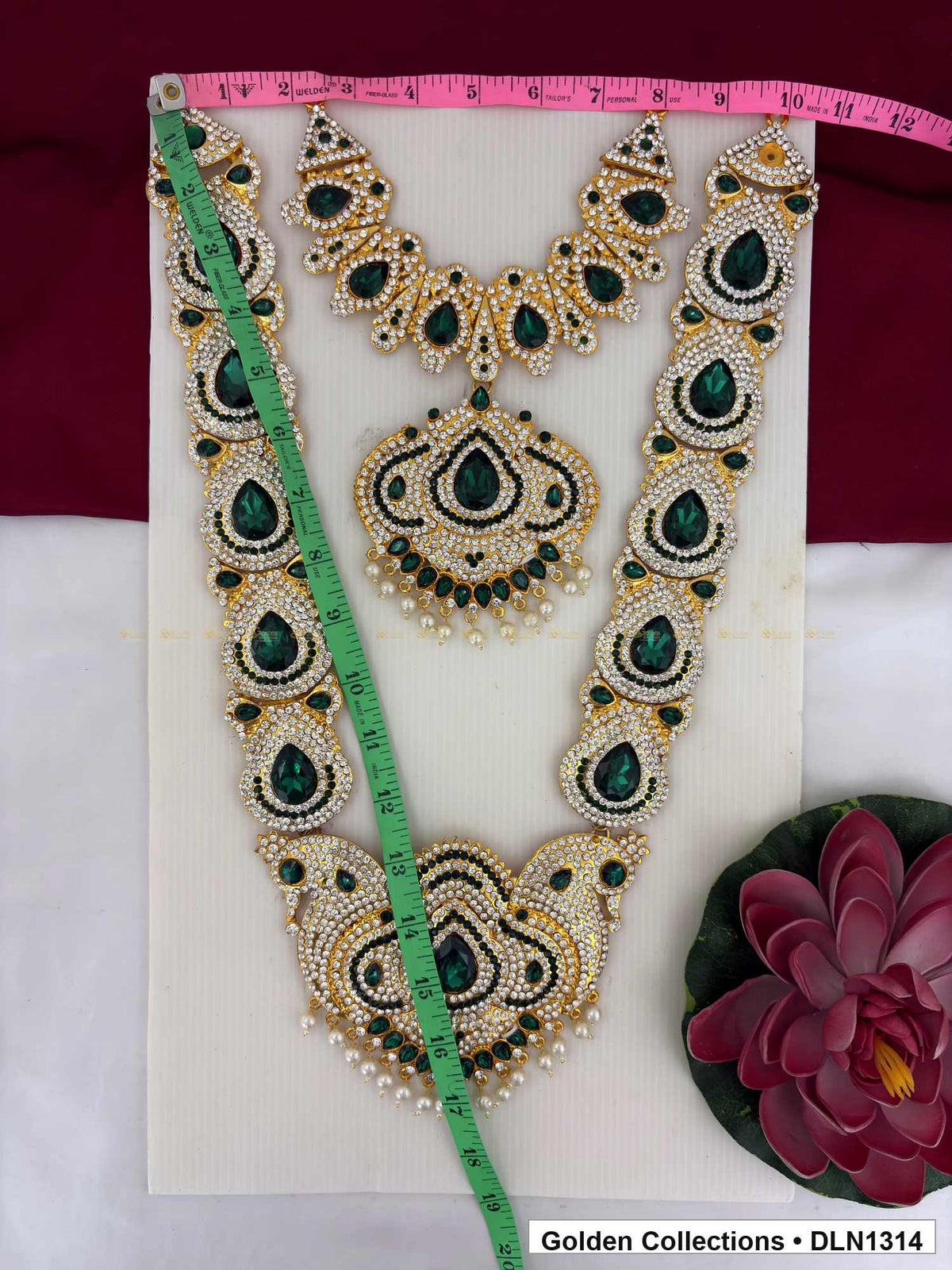 Alternate product view of Dark Green Teardrop Paisley Deity Long Necklace for Idol Alankaram for deity idol alankaram