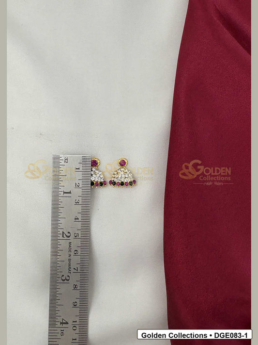 Measurement photo showing 1.5 Cms dome deity earrings with pink green stones for idol alankaram for deity idol alankaram