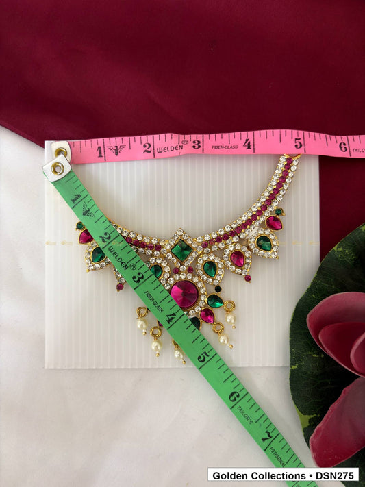 Alternate product view of Alternating Green and Magenta Teardrop Fringe Deity Short Necklace for Idol Alankaram for deity idol alankaram