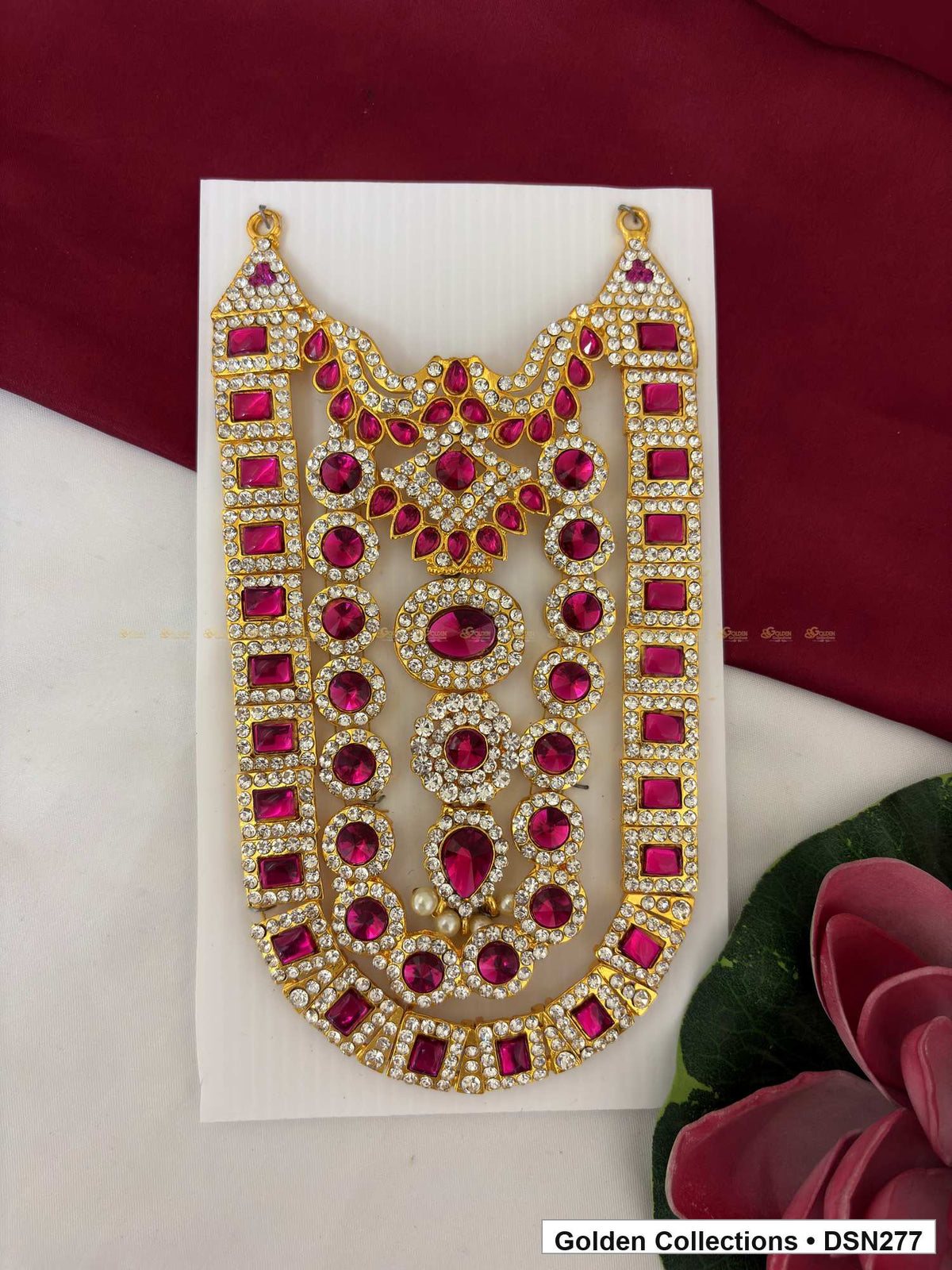 Alternate product view of Magenta Rectangle Border Layered Bib Deity Short Necklace for Idol Alankaram for deity idol alankaram