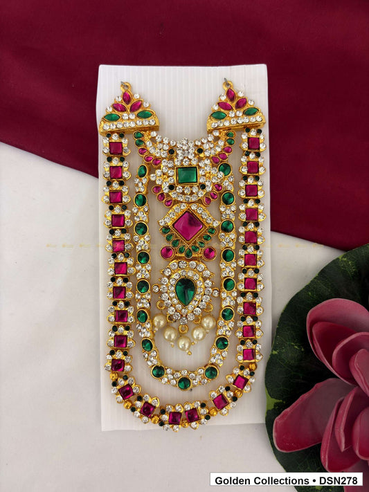 Alternate product view of Magenta Diamond and Green Teardrop Bib Deity Short Necklace for Idol Alankaram for deity idol alankaram