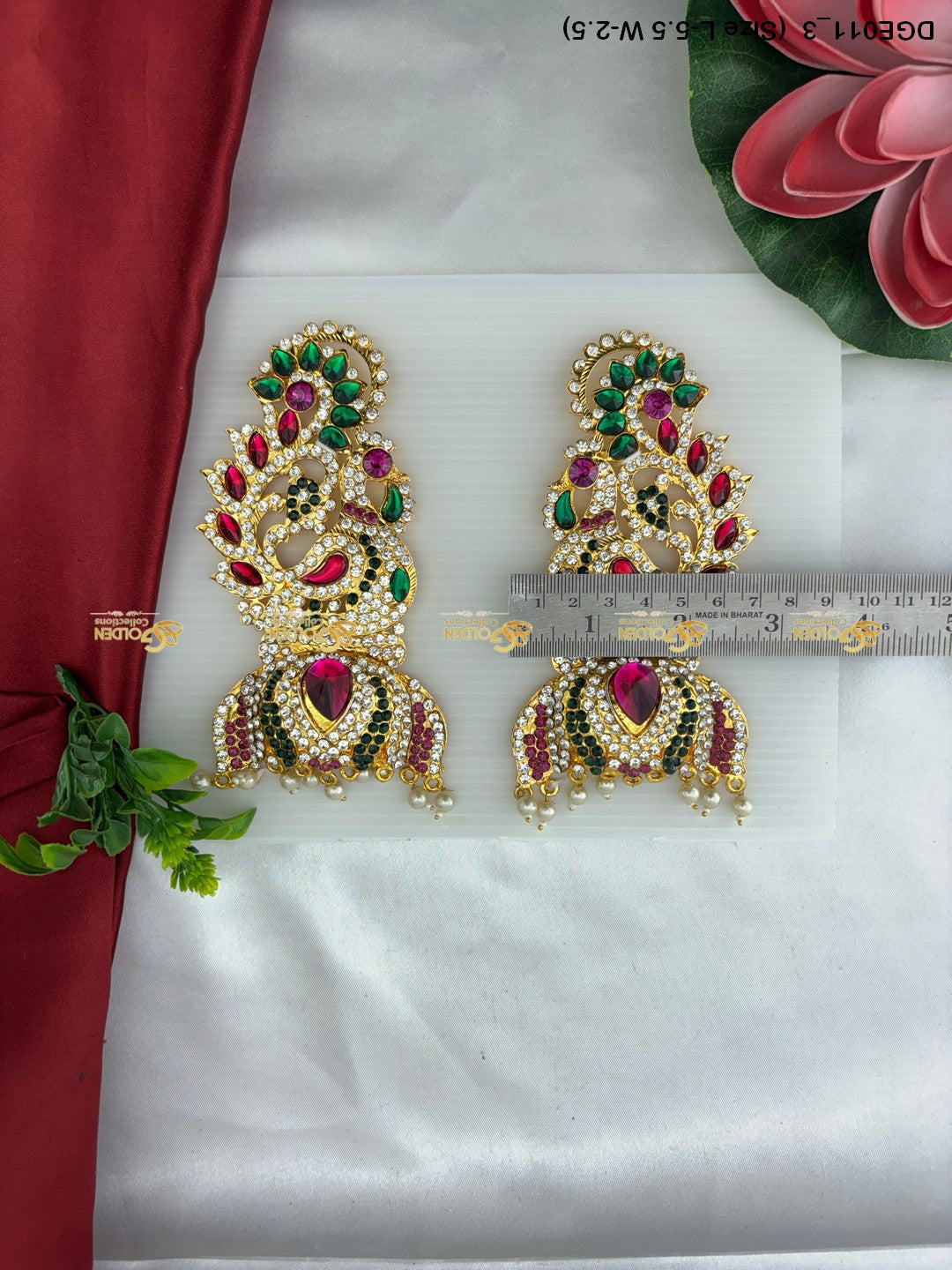 Deity Karna Pathakam Earrings for Balaji / God Idol DGE011 deity earrings measurement photo showing visible ruler or tape size reference