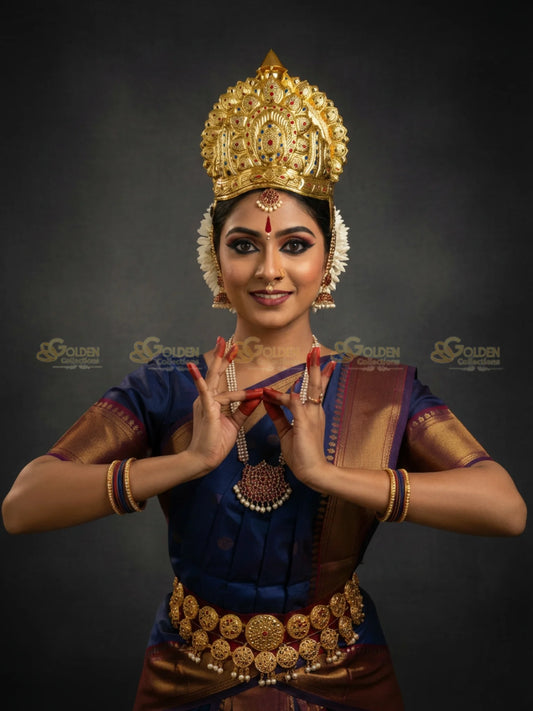 Golden Collections Bharatanatyam Temple Jewellery Crown - Model wearing gold-plated Mahakireedam crown for dance.