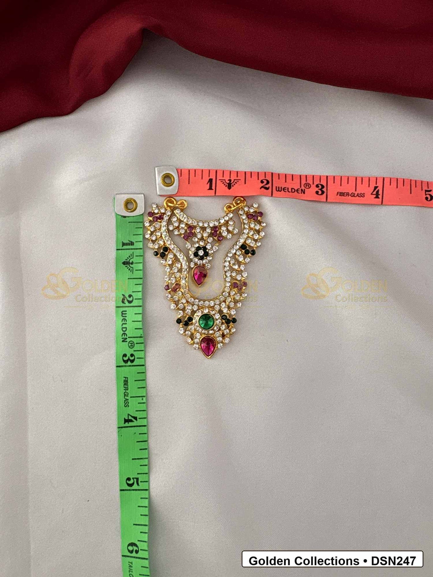 Measurement photo showing 3 x 1.5 Inches deity short necklace with measuring tape for goddess idol alankaram