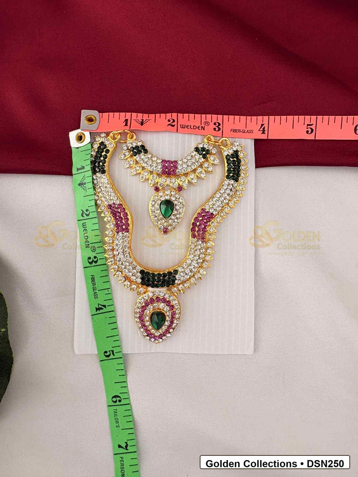 Measurement photo showing 5 x 2.25 Inches deity short necklace with measuring tape for goddess idol alankaram